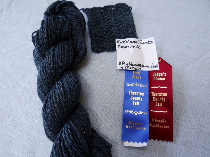 Kate J-K.  Hand-spun wool-mohair blend, with sample, Blue Ribbon, Judge's Choice Ribbon