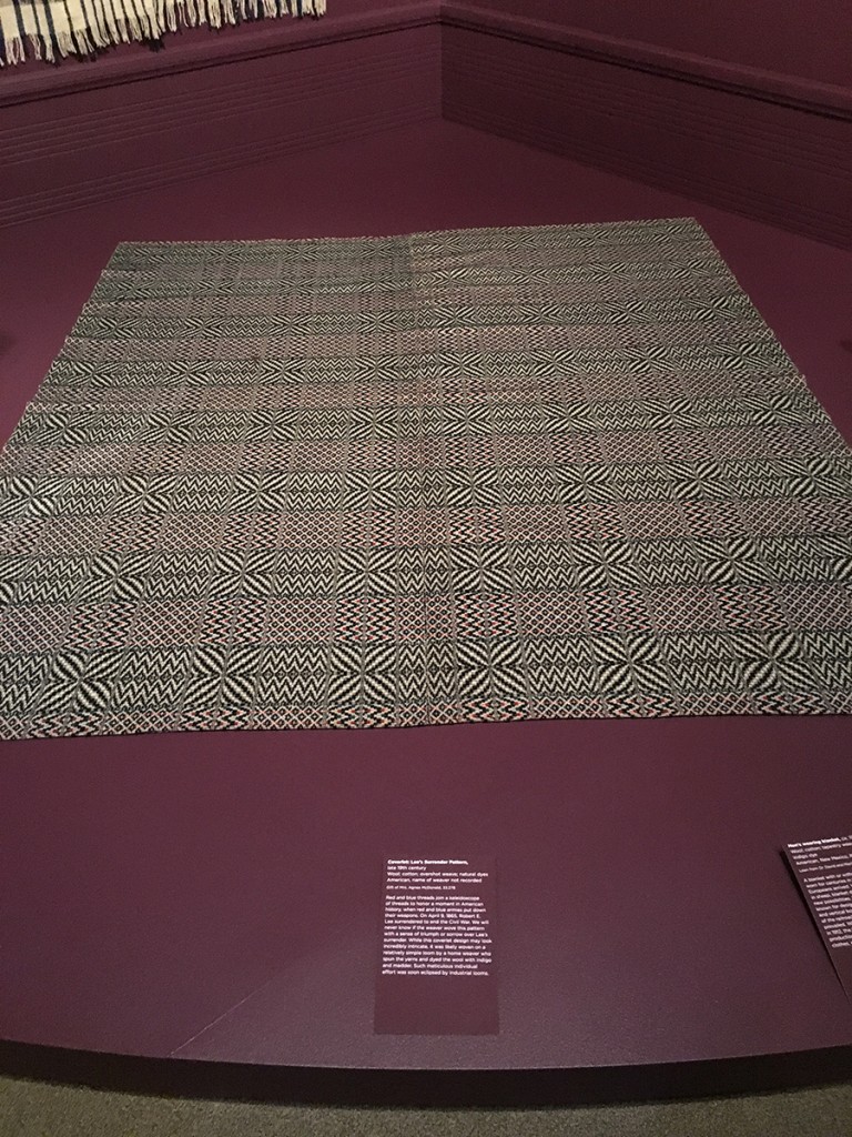 19th century American woven coverlet in Lee's Surrender pattern. Part of the Seattle Asian Art Museum exhibit, "Mood Indigo: Textiles From Around the World"